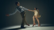© master1305 - Retro style couple dancing lindy hop in studio with dramatic lighting expressive motion. Concept of vintage lifestyle, artistic performance, partnership trust, creative movement, rhythm expression.