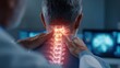 © TensorSpark - Doctor examining patient neck with highlighted cervical spine overlay, representing trauma rehabilitation and injury pain management.