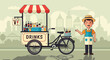 © Welang - Street drinks vendor with cart, happy man selling beverages on city street
