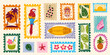 © klyaksun - Vintage summer hand drawn postage stamps with tropical beach elements, postcard frames, vector sticker illustrations. Exotic vacation motifs, retro travel design and coastal prints with palm, parrot