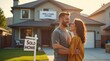 © Petro - Happy Couple Celebrating Home Purchase in Front of Sold Sign and Family House at Sunset