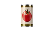 © Rowan - Metallic food can displaying vibrant red tomato, featuring green stem and leaves