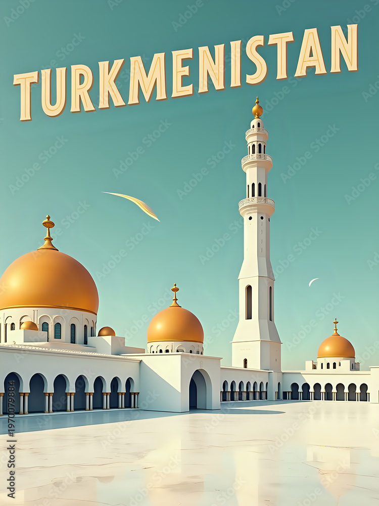 A building complex in Turkmenistan with golden domes and a tall minaret. The structures stand out against the clear sky. Bright sunlight highlights the design of the buildings.