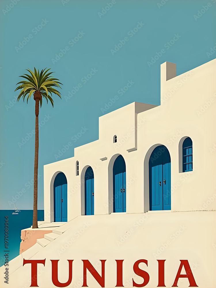 A building with white walls and blue doors stands near the sea in Tunisia. A palm tree grows beside the structure. The sky is clear and the sea is calm. A boat is visible in the distance.