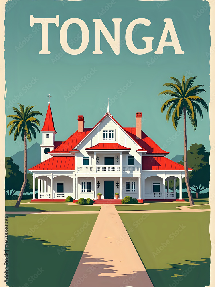 A large house stands in Tonga with a red roof and white walls. Palm trees are in the front yard along a clear path that leads to the entrance. The sky is blue and sunny in this scene.