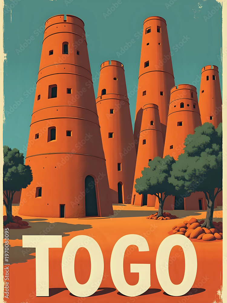 In the picture, there are tall red structures standing in a dry landscape. The scene shows several towers with rounded tops and small entrances. Some trees are nearby, adding green to the view.