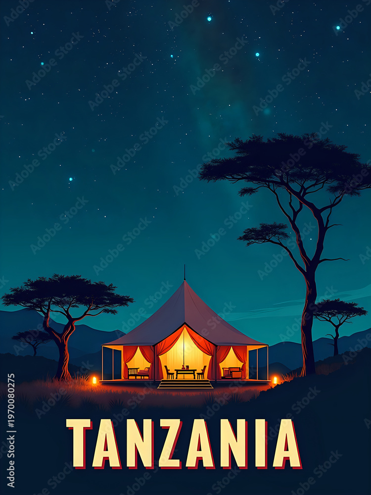 A large tent stands in a grassy area with trees in the background. The night sky is filled with stars. Mountains can be seen in the distance. Light shines from the tent creating a warm glow.