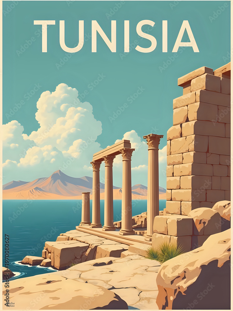 A scene shows ancient stone columns by the water in Tunisia. There are mountains in the background. The sky has clouds, and the sun shines on the landscape. This place represents rich history.