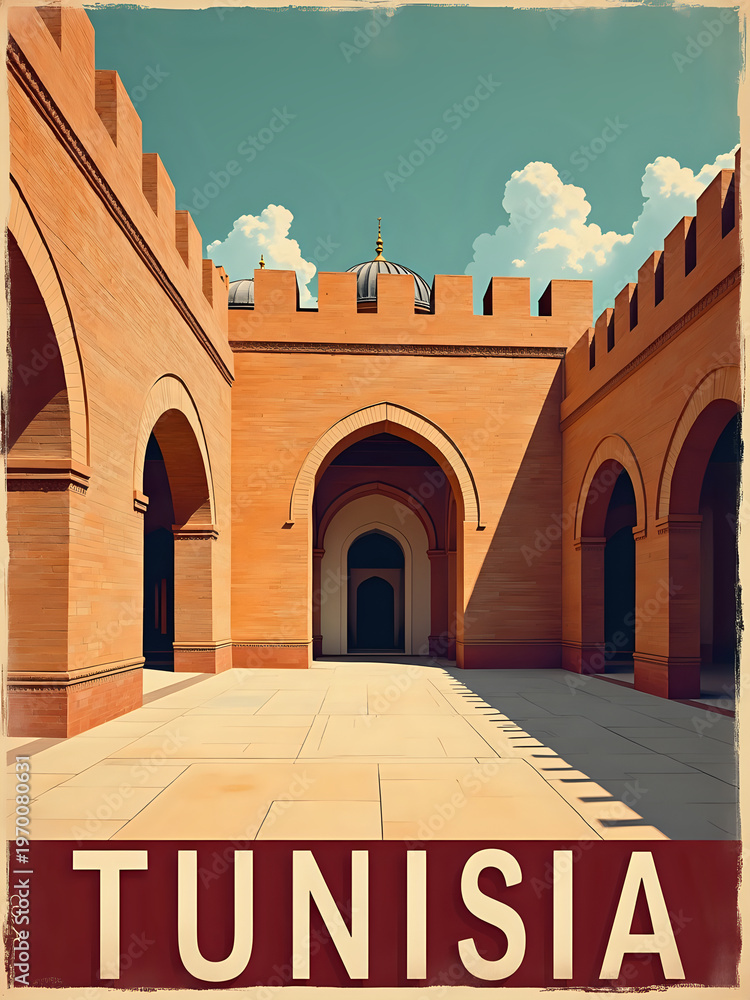 A courtyard in Tunisia features tall brick walls and arched openings. The sunlight creates shadows on the ground. Clouds are visible in the blue sky. The space looks open and inviting.