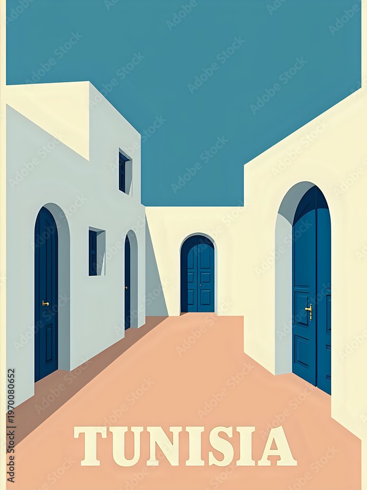 A courtyard in Tunisia shows white walls and multiple blue doors. The sky is blue above, and the ground is a simple color. The scene highlights the unique architecture of the area.
