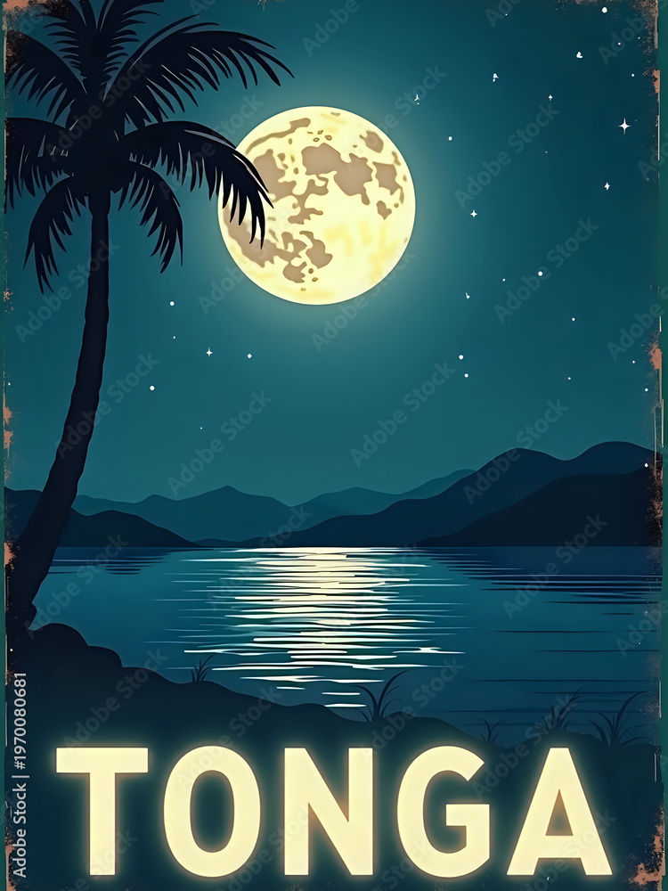 The moon shines brightly over the water in Tonga. A palm tree stands on the shore. Mountains are visible in the background. Stars twinkle in the dark sky.