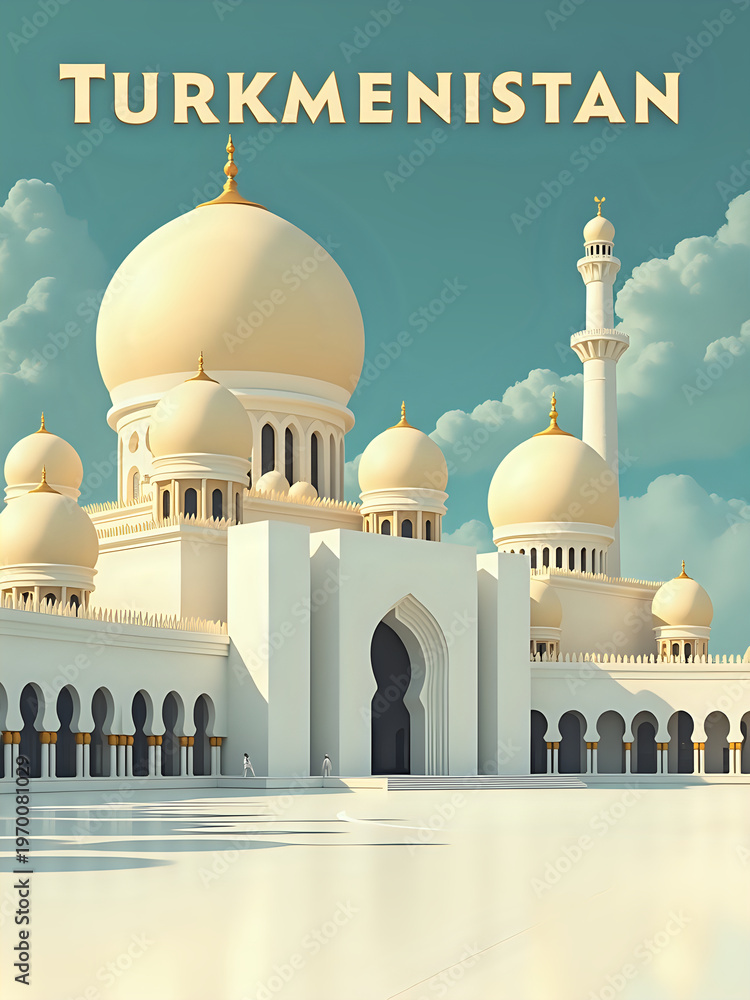 A large building in Turkmenistan features several large domes and a tall minaret. The sky shows clouds that complement the structures. People walk near the entrance on a bright day.