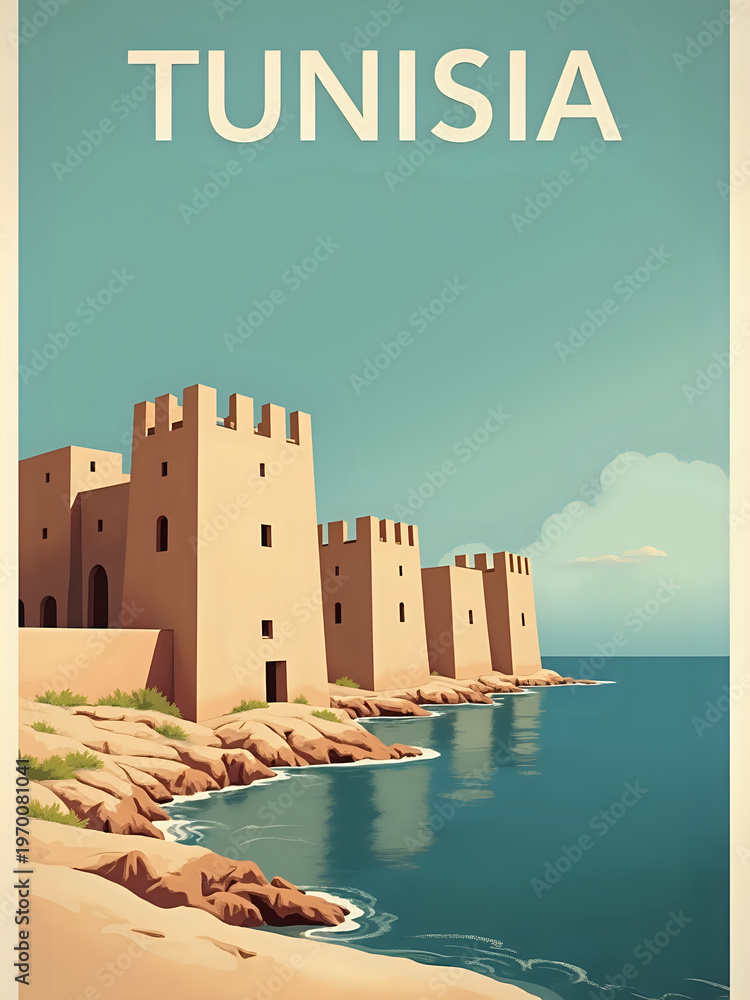 The scene shows tall fortifications along the coastline of Tunisia. The buildings have square towers and are made of light-colored stone. The sea is calm and clear, reflecting the sky.