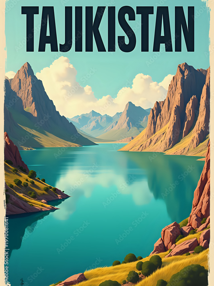 A wide river flows between tall mountains in Tajikistan. Green hills line the waters edge. The sky is clear with few clouds. This place looks inviting and natural under bright sunlight.
