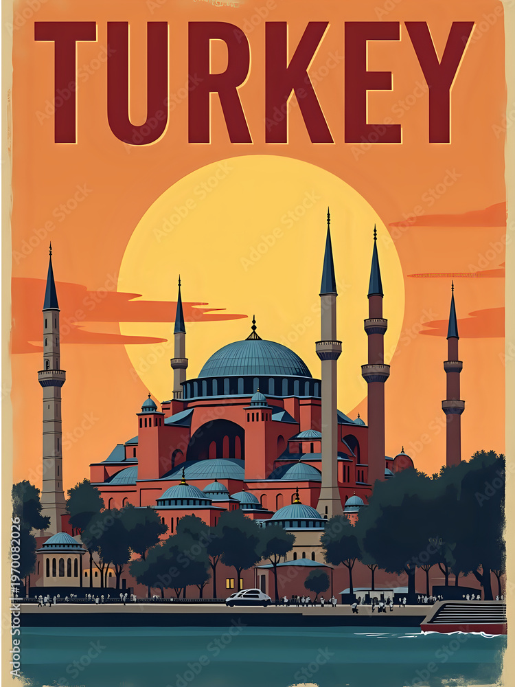 A famous mosque in Turkey at sunset. The sky is bright orange with a large sun, and the mosque is surrounded by trees and shows tall minarets.