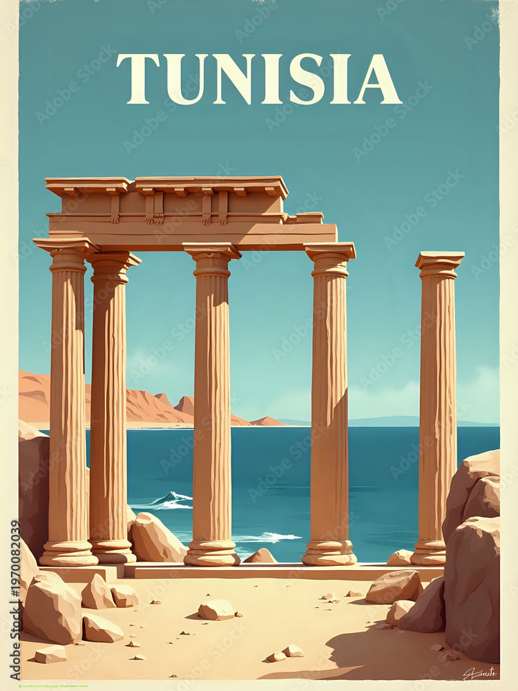 A scene shows ancient columns standing along the shore in Tunisia. The blue water stretches out toward the horizon. The sky is clear with no clouds. The landscape reveals rocky areas.