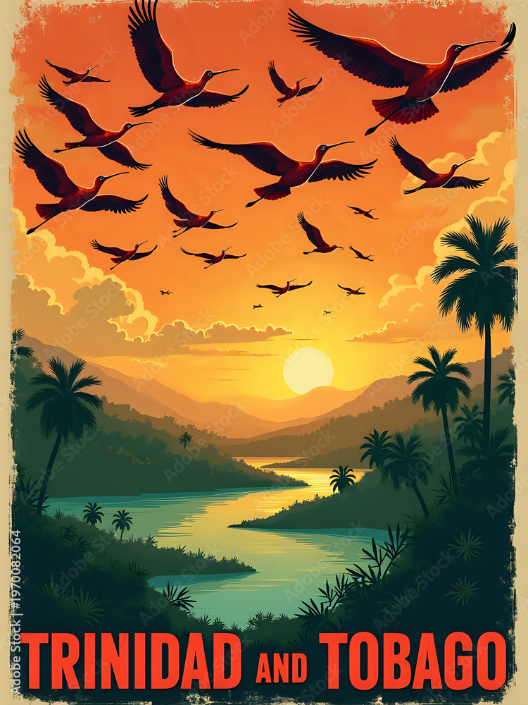 A group of birds flies over a river during sunset in Trinidad and Tobago. The sun sets behind the hills, creating a bright sky. Palm trees line the riverbanks and nature surrounds the scene.