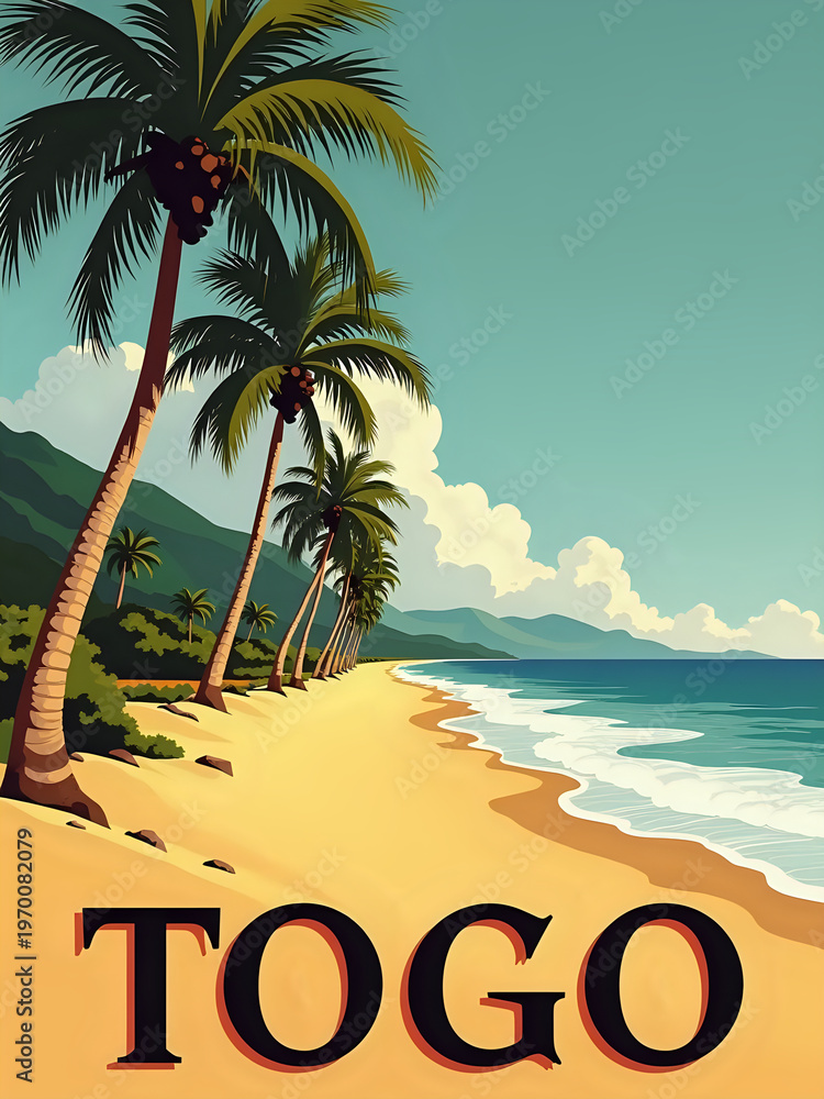 A beach in Togo with tall palm trees along the shore. Waves gently crash on the sand. In the background, there are mountains and clouds. The sky is blue and sunny.