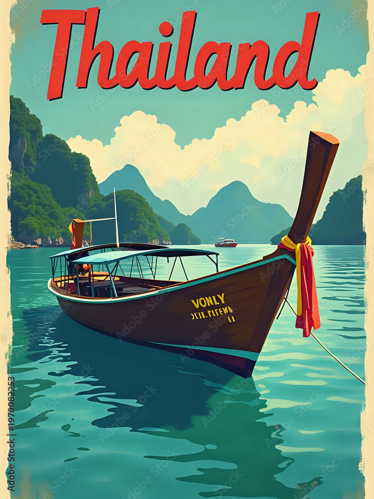 A wooden boat floats on clear water in Thailand. Green mountains surround the area. The sky is bright and clear, indicating it is a sunny day. The boat shows signs of movement in the water.