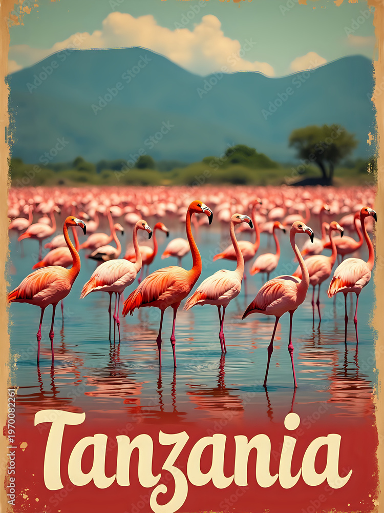 Flamingos stand in shallow water in Tanzania. The mountains are in the background, and many pink birds fill the scene. It is daytime and the sun is shining, creating vibrant colors in the area.