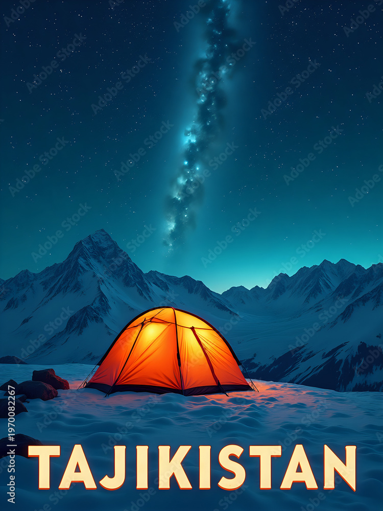 A bright orange tent stands in the snow under a clear night sky in Tajikistan. Stars fill the sky, and mountains surround the campsite. It is night, and the scene is calm and inviting.