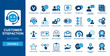 © Vector IMG - Customer Satisfaction solid vector glyph icon set with audience feedback, five stars, happy customer, quality rating, service checklist, and support chat icons.