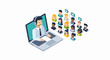 © Steve - Isometric Customer Support Agent on Laptop Connecting with Global Network of Clients, CRM and Online Community Engagement Illustration