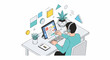 © Larisa - Isometric illustration of a man editing and annotating a PDF document on a digital tablet at a modern desk workspace.