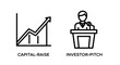 © Most - Line art icons representing capital raise and investor pitch with business growth with upward trend with white background with meeting room