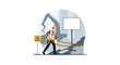 © Stocker  - A diligent construction worker wearing a safety vest and helmet carefully secures a restricted area with yellow and black striped caution tape at night.