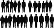 © Mostofa - Black and white silhouette illustration of diverse group of 24 people standing in two rows, mix of formal and casual attire, demographic design concept