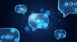 © Mobasser - A digital illustration of glowing blue speech bubbles with three dots on a dark blue background with bokeh lights and dots
