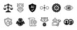 © Happy Carrot - Set of black glyph icons representing artificial intelligence ethics, law, governance, and safety concepts like robot rights, data privacy, and automated judgment in a minimalist style