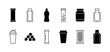 © Happy Carrot - Set of black sports nutrition icons including a protein shaker, supplement jar, energy bar, gel pack, and vitamin bottle in a minimalist line art and silhouette style