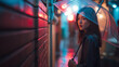 © S.Jirut - Picture Name:Person walking through a narrow wet alleyway in Seoul with a translucent umbrella, ground reflecting red and blue neon signs, quiet introspection and rainy brick
