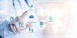 © KHAN VECTOR CO.  - Digital infographic displaying hexagonal icons for workplace safety and prevention concepts with a hand interacting with the interface