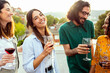 © Xavier Lorenzo - Diverse group of friends laughing and toasting with red wine, celebrating friendship and creating joyful memories during a social gathering outdoors on a sunny evening