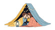 © Naim - Two young children share a secret inside a cozy blanket fort illuminated by a vintage lantern and a warm string of glowing decorative fairy lights.