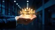 © Viktoryia - Businessman in suit holding glowing golden 3D people icons above palm in dark office, symbolizing corporate team building, leadership, recruitment agency and workforce management services