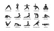 © Cali6ro - Illustrated yoga pose icons including downward dog and warrior pose