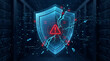 © solom - cyber security breach concept with broken glowing neon shield and red warning alert symbols in futuristic digital server room representing data hack and network system failure