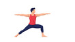 © The - Man in a red tank top and dark leggings practicing a yoga warrior pose against a plain white background for fitness.