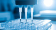 © ali - A sophisticated robotic liquid handler precisely dispenses solutions into a clear multi-well plate within a sterile laboratory environment.