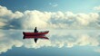 © Hapun - Man in Small Boat on Calm Water with Cloud Reflection – Minimalist Concept