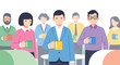 © Ubay - Seven diverse professionals in business casual attire stand together while holding colorful mugs in a bright office environment.