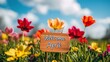 © li - wooden sign with the text 'Welcome April' ,  colorful flowers, vibrant spring scene, joy during a social media post or as a wallpaper design