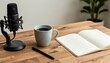 © CrazyJuke - Podcast Workspace: A detailed shot of podcast workspace with a professional microphone, coffee mug, and a notebook on a rustic wooden desk, signifying content creation.