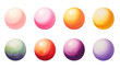 © Rozzie - Oito esferas digitais brilhantes, com gradientes de cores vibrantes e reflexos de luz, isoladas em fundo branco, ideais para design gráfico e conceitos abstratos.