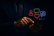 © Image Alchemy - Man in a business suit is using a smartphone, with vibrant, neon-outlined social media icons like 'like', 'heart', and 'comment' floating digitally above his hand.