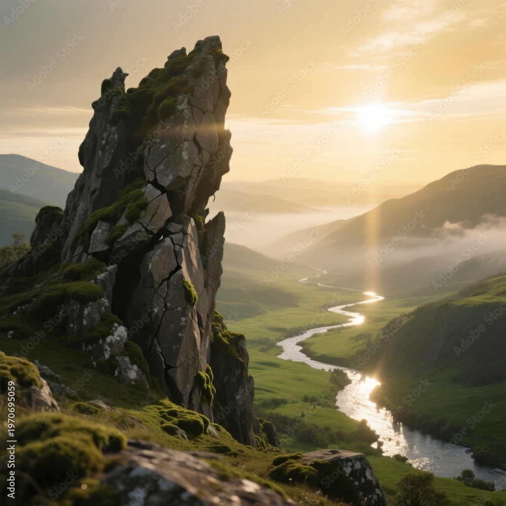 Rocky outcropping with a stunning vista of the valley below Stock Photo ...